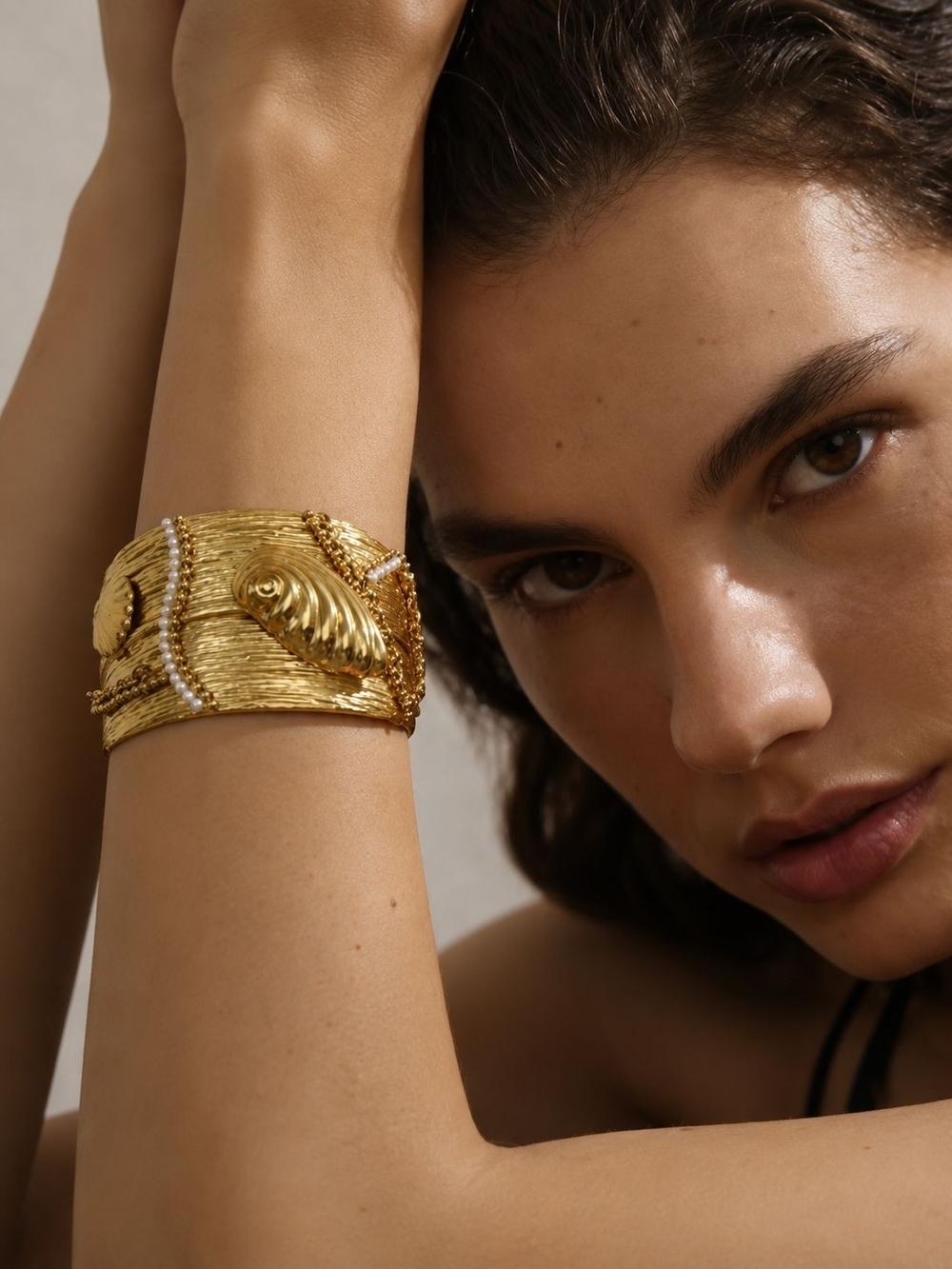 Gold Shell-Embellished Cuff Bracelet